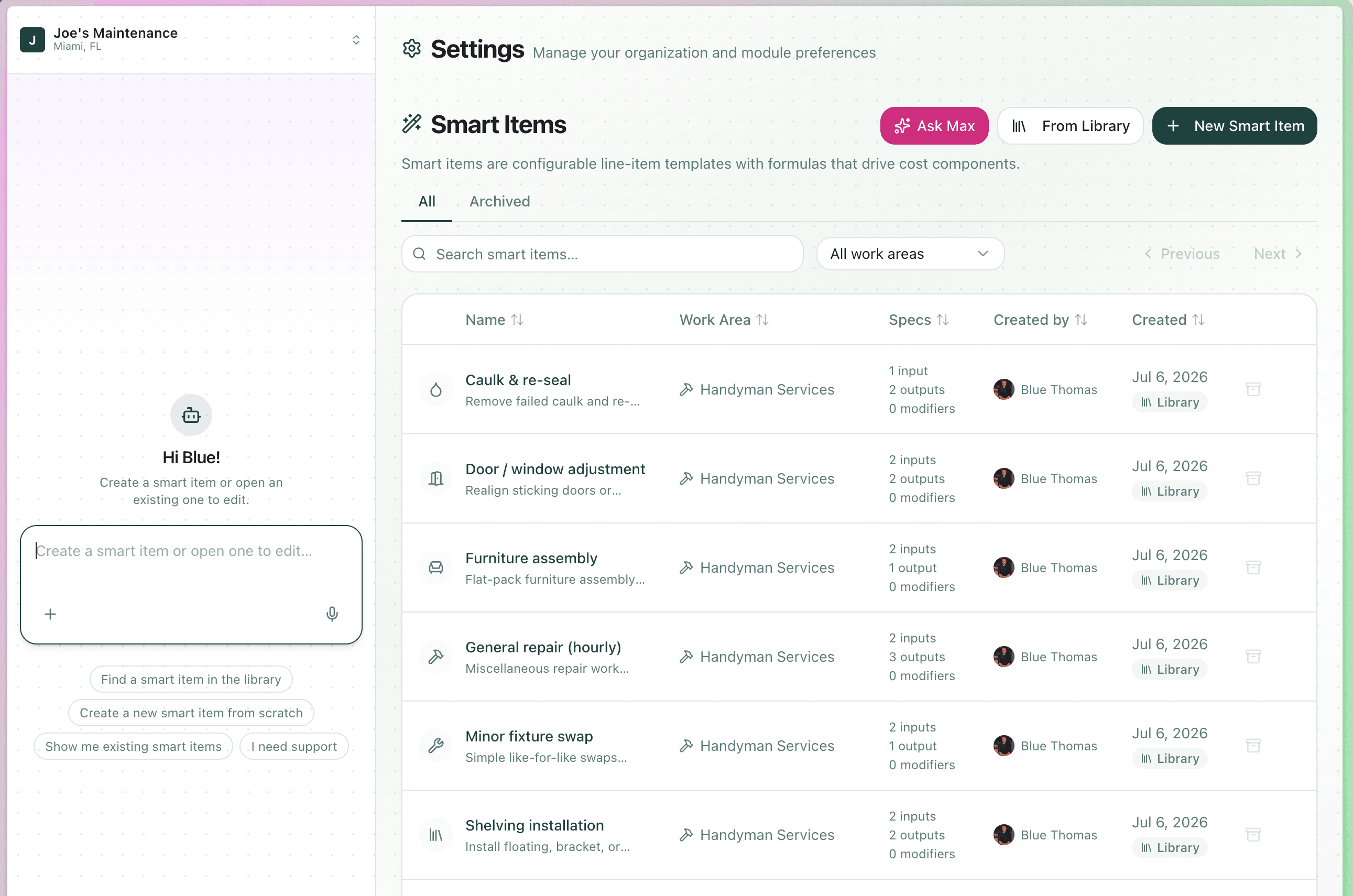 Ask Max side panel open next to the Smart Items catalog, ready to create or edit a smart item