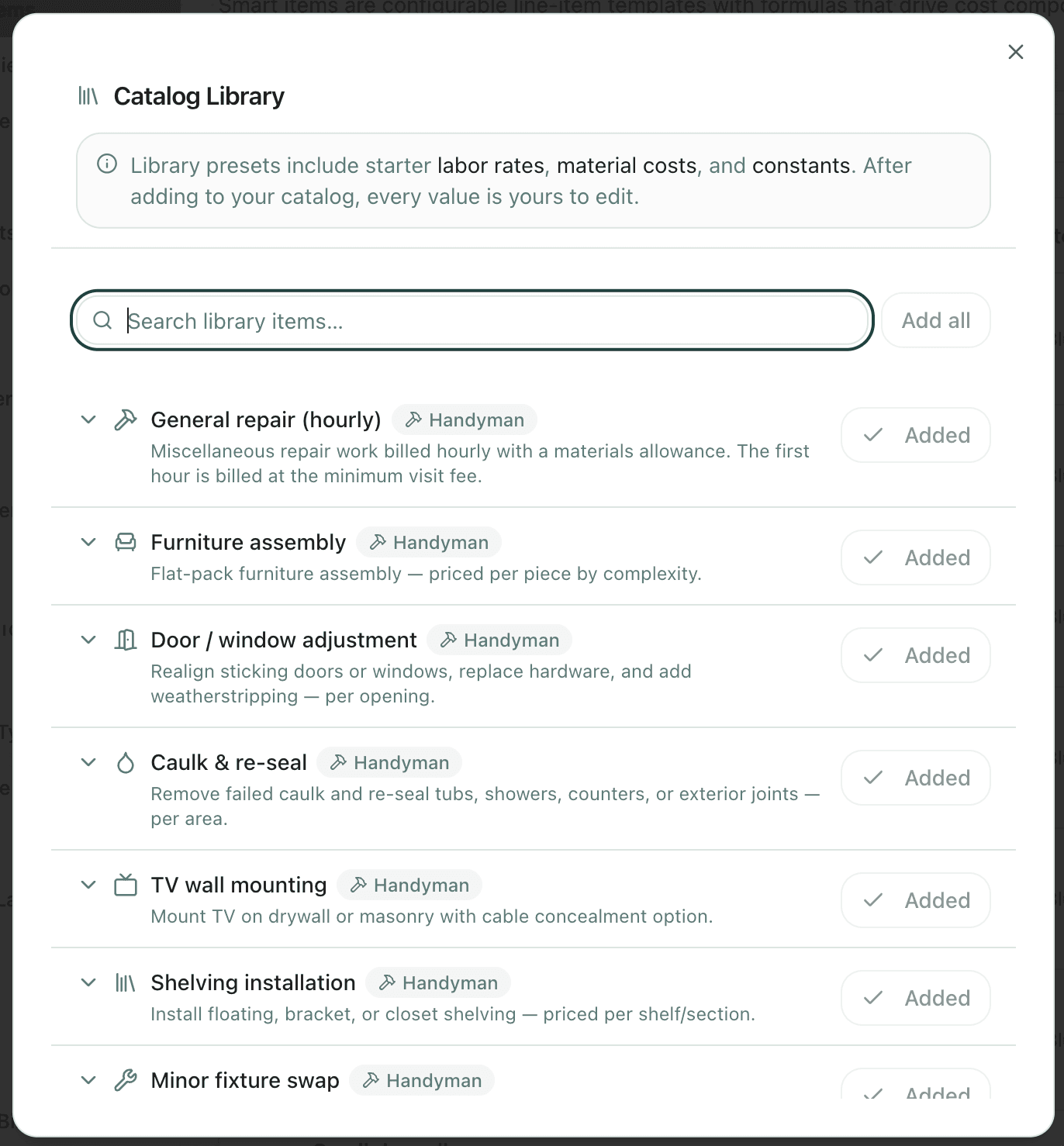 Catalog Library modal listing starter smart items like general repair, furniture assembly, and TV wall mounting, all already added