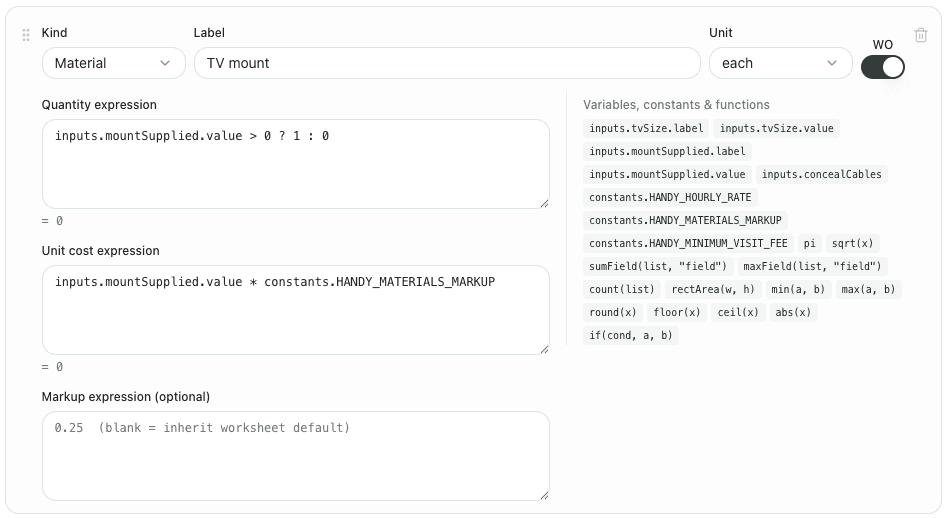 Quantity and unit cost expression editor for a smart item, with a panel of variables, constants, and functions like rectArea and constants.HANDY_HOURLY_RATE