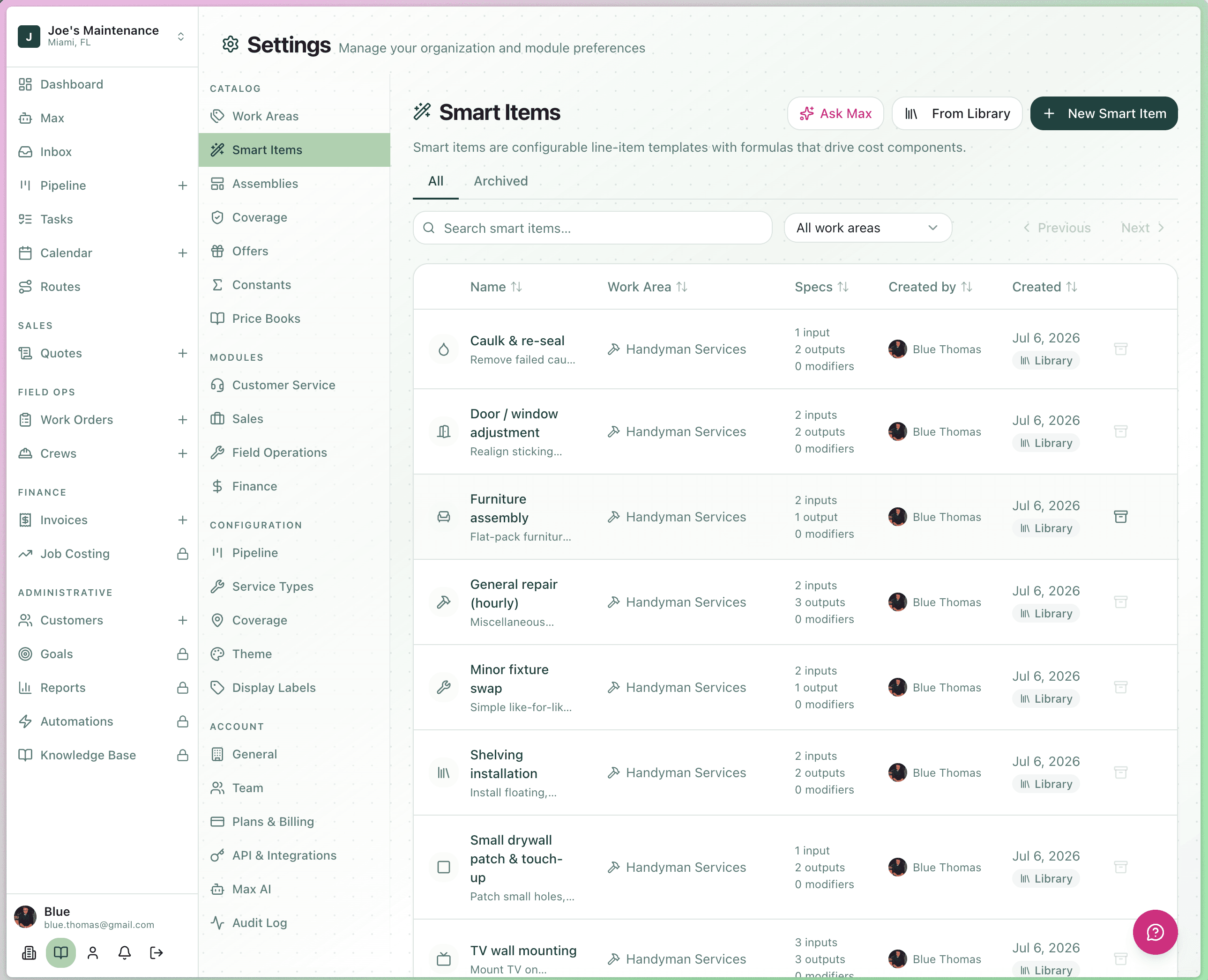 Smart Items catalog listing formula-driven line-item templates with inputs, outputs, and modifiers