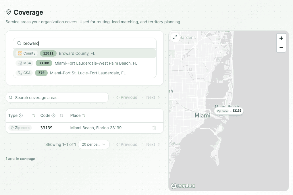 Coverage settings showing service areas defined by ZIP code, county, MSA, and CSA on a map