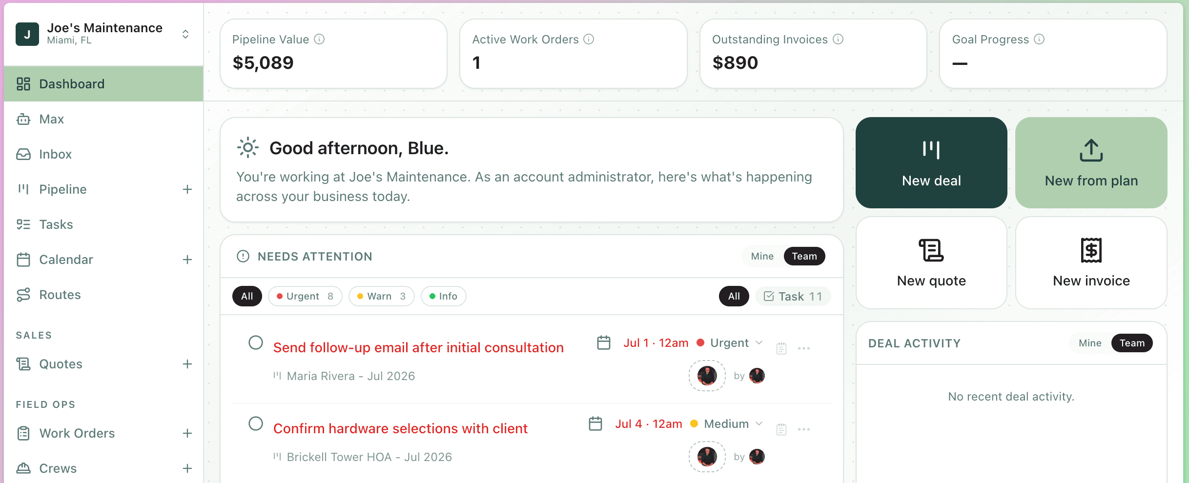 Dashboard KPI cards for pipeline value, active work orders, outstanding invoices, and goal progress