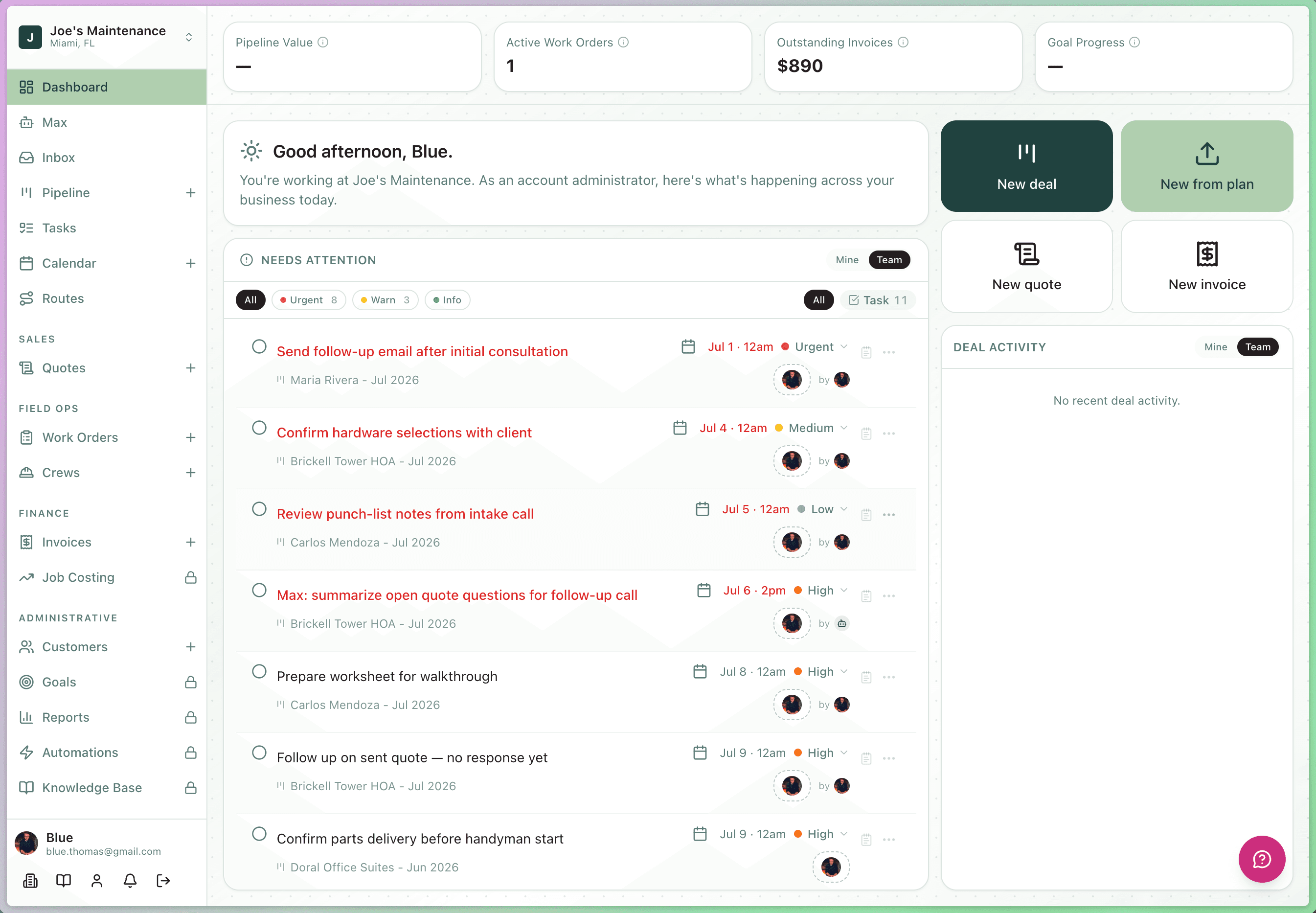 Sidecar dashboard with pipeline value, active work orders, outstanding invoices, and needs-attention tasks