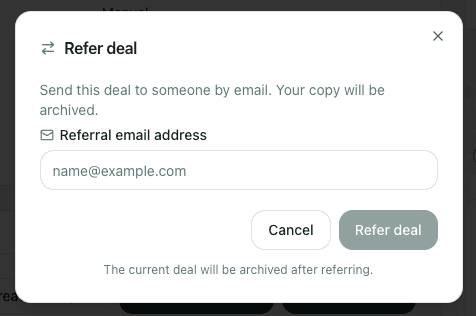 Refer deal dialog for sending a deal to another business by email