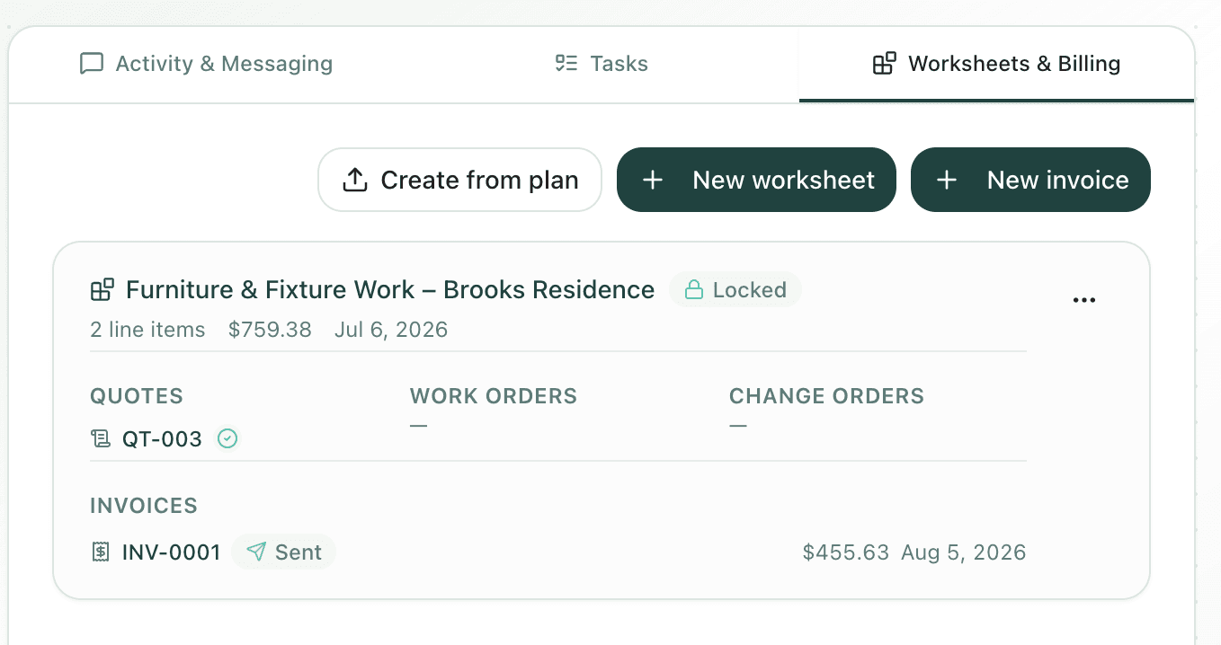 Deal worksheets and billing tab with a "Create from plan" action and a locked worksheet ready for quoting