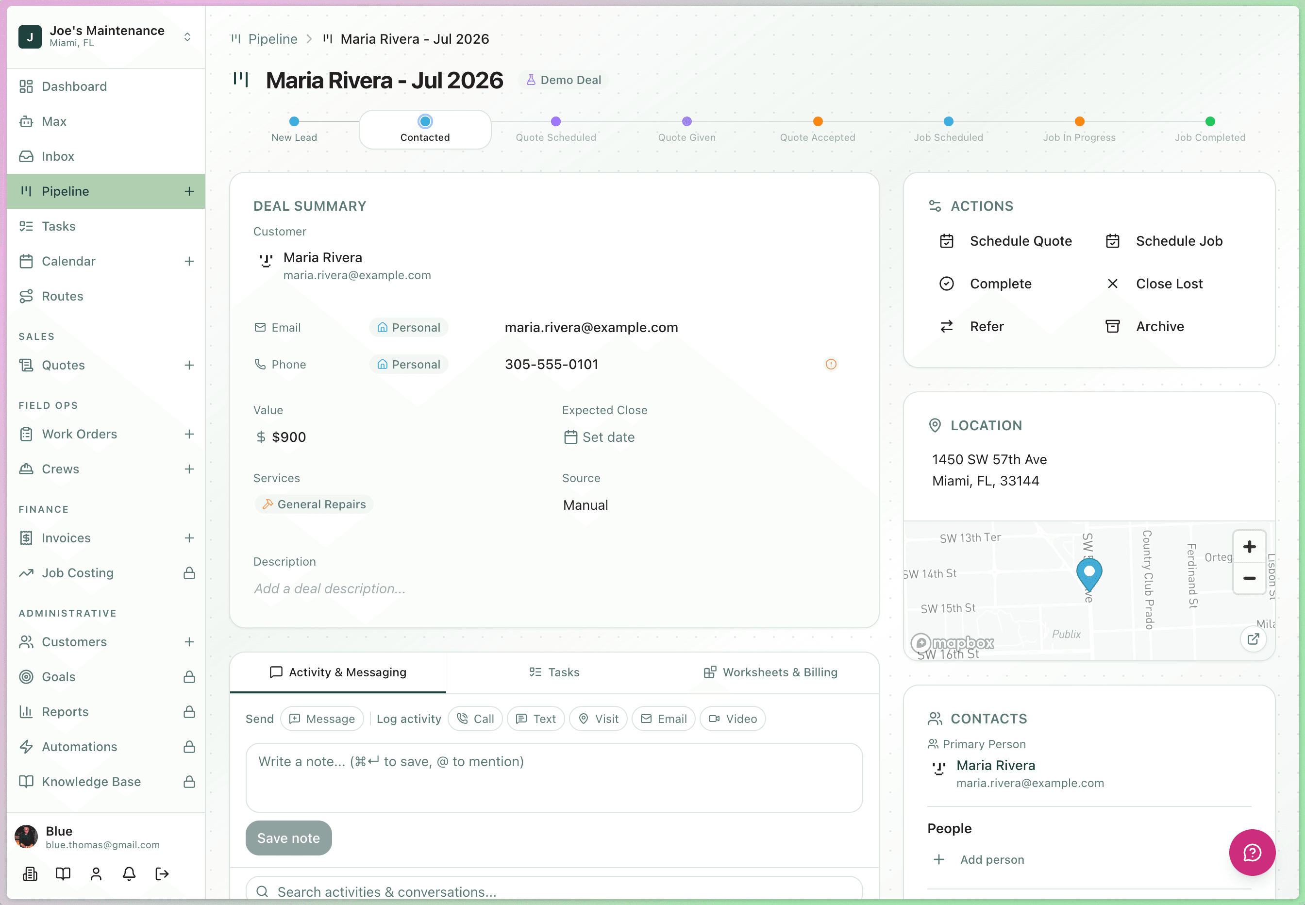 Deal detail page showing pipeline stage, deal summary, actions, location, and contacts