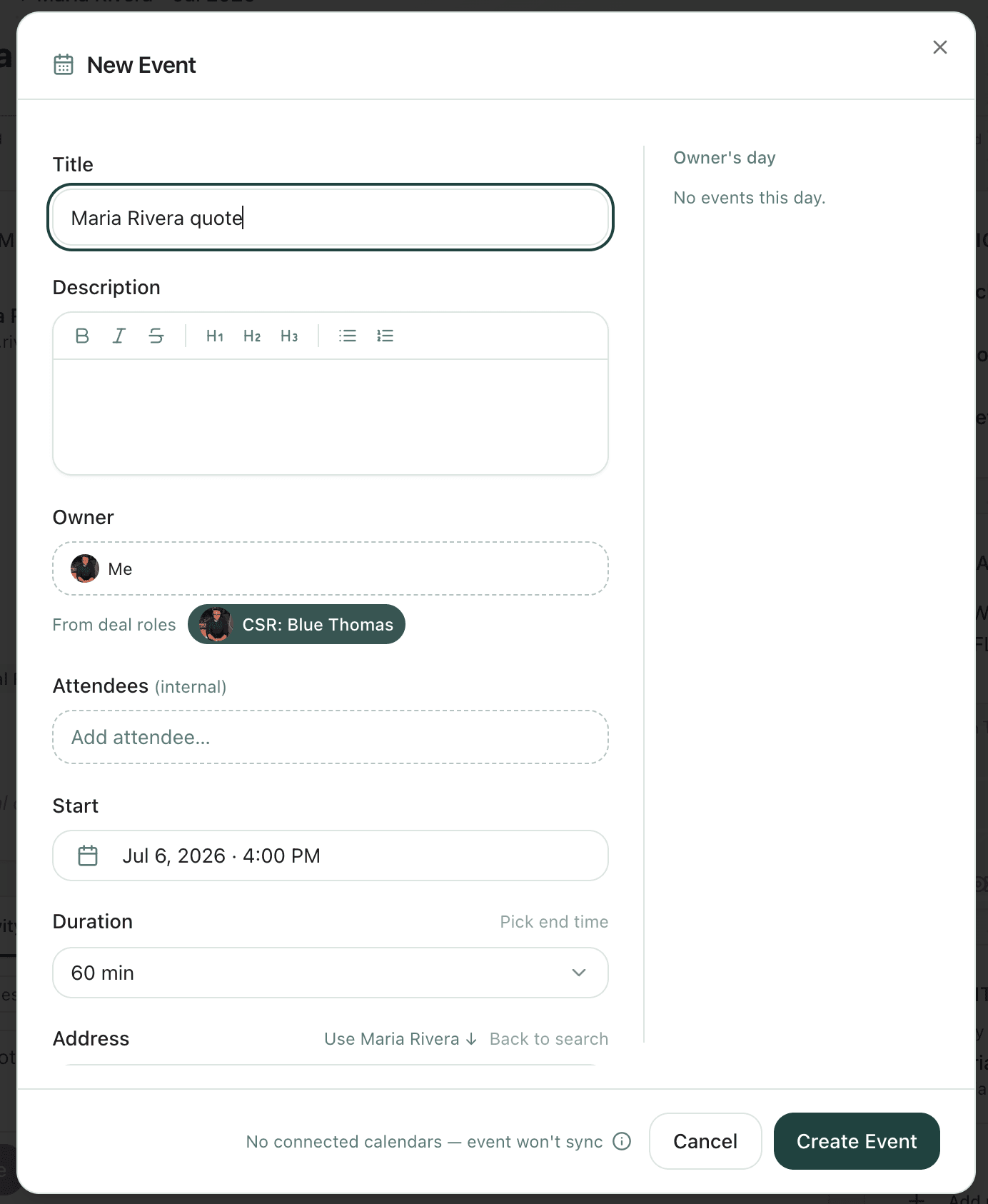 New event dialog with owner, attendees, start time, and address