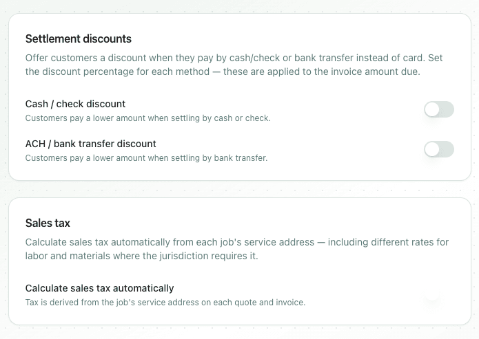 Finance settings for cash and ACH settlement discounts and automatic sales tax calculation