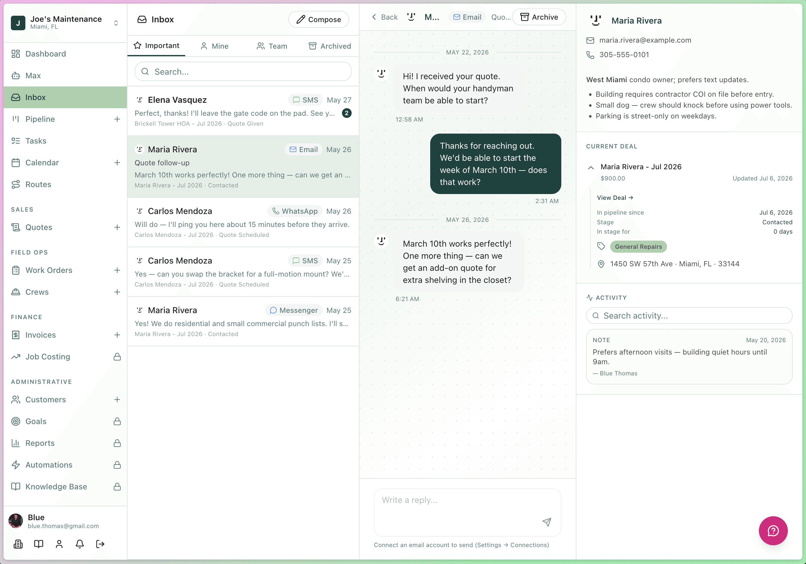 Shared message threads showing an SMS, email, WhatsApp, and Messenger conversation with a customer