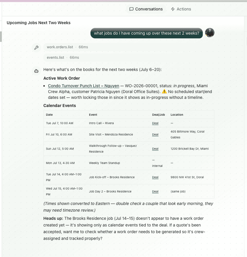 Max AI conversation answering "what jobs do I have coming up over these next 2 weeks?" with work orders and calendar events