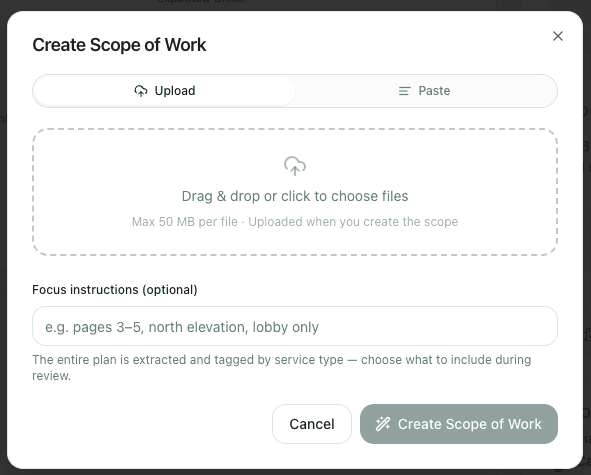 Create Scope of Work dialog with drag-and-drop upload and optional focus instructions
