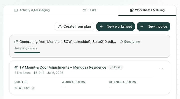 Worksheet generation progress bar showing "Analyzing visuals" while extracting a scope of work from an uploaded plan