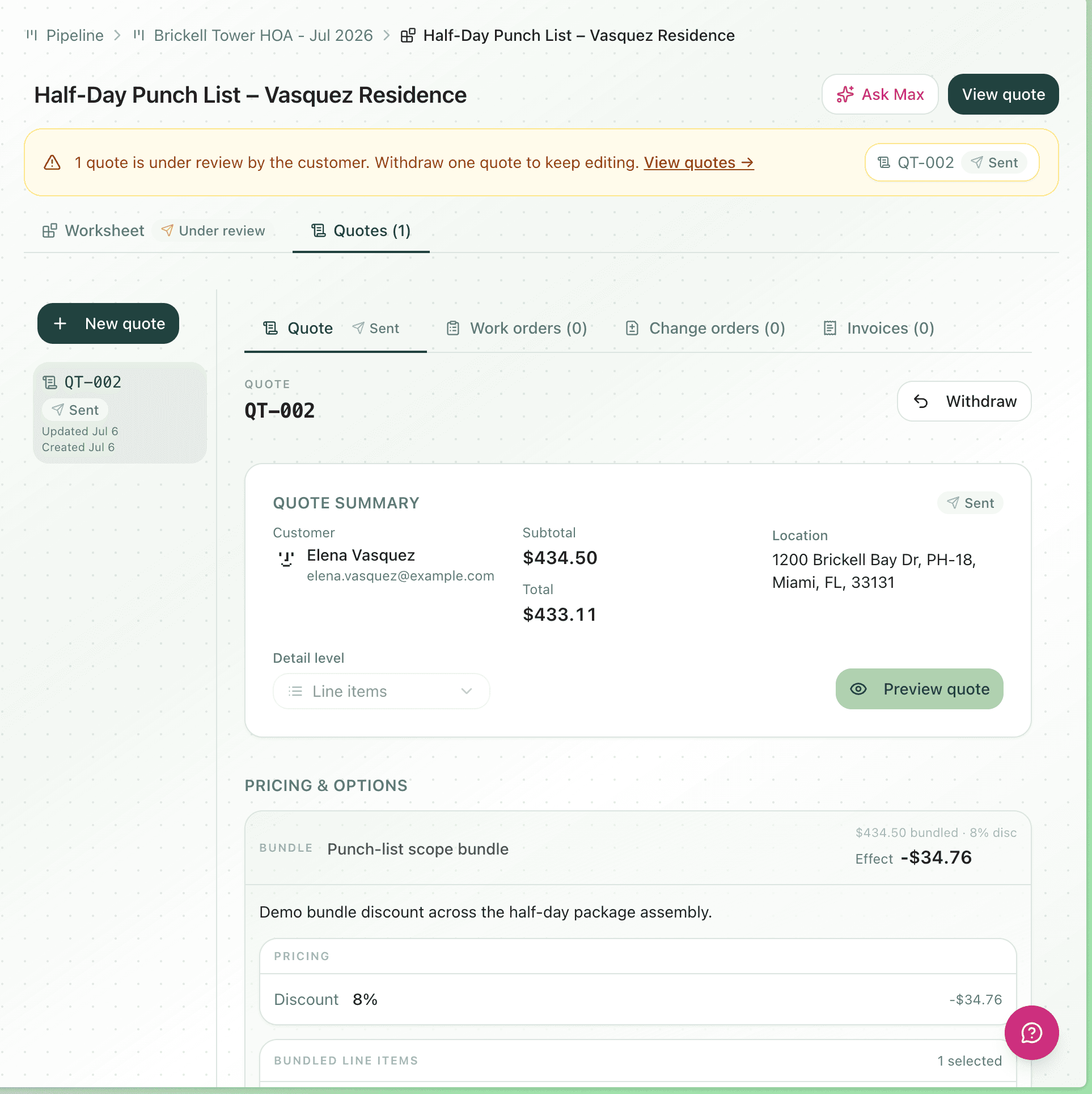 Sent quote with pricing, bundled discount, and line items ready for customer review