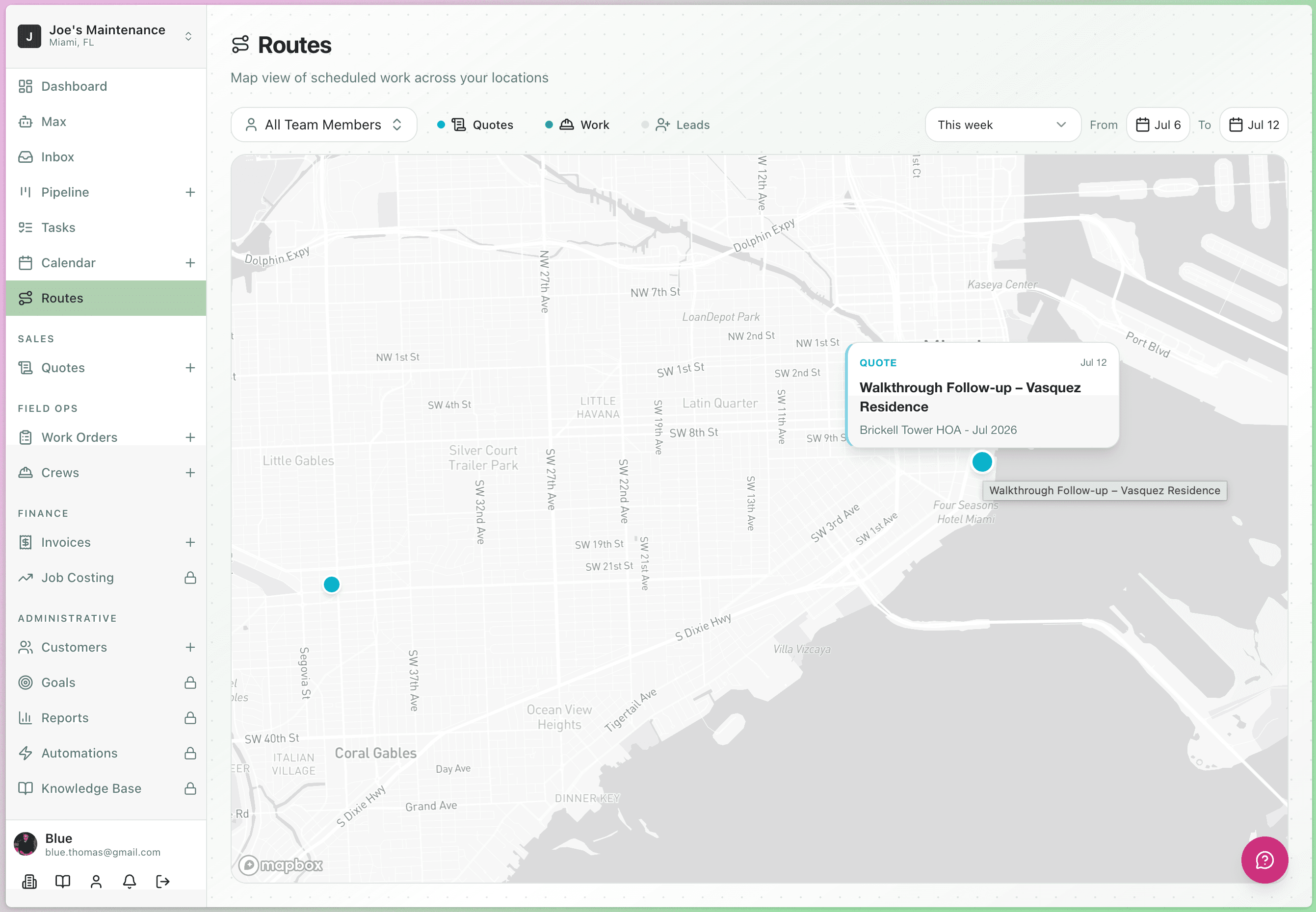 Routes map view of scheduled quotes and work across all locations for the week