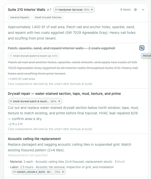 Scope of work item toggled to excluded, greyed out with an "Include" tooltip, next to matched smart items and pricing