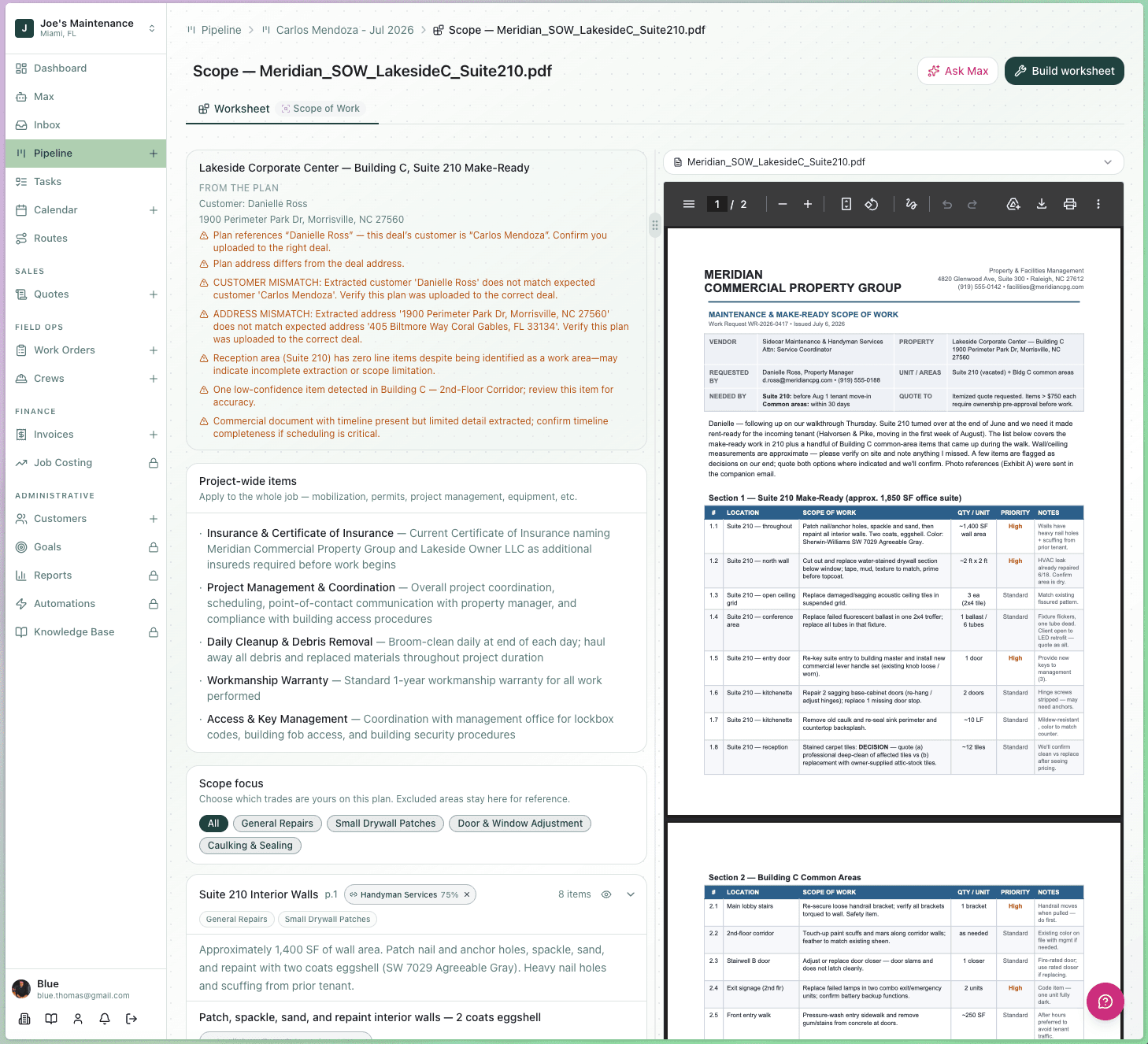 Scope of work editor with the source plan and AI-flagged mismatches next to extracted line items