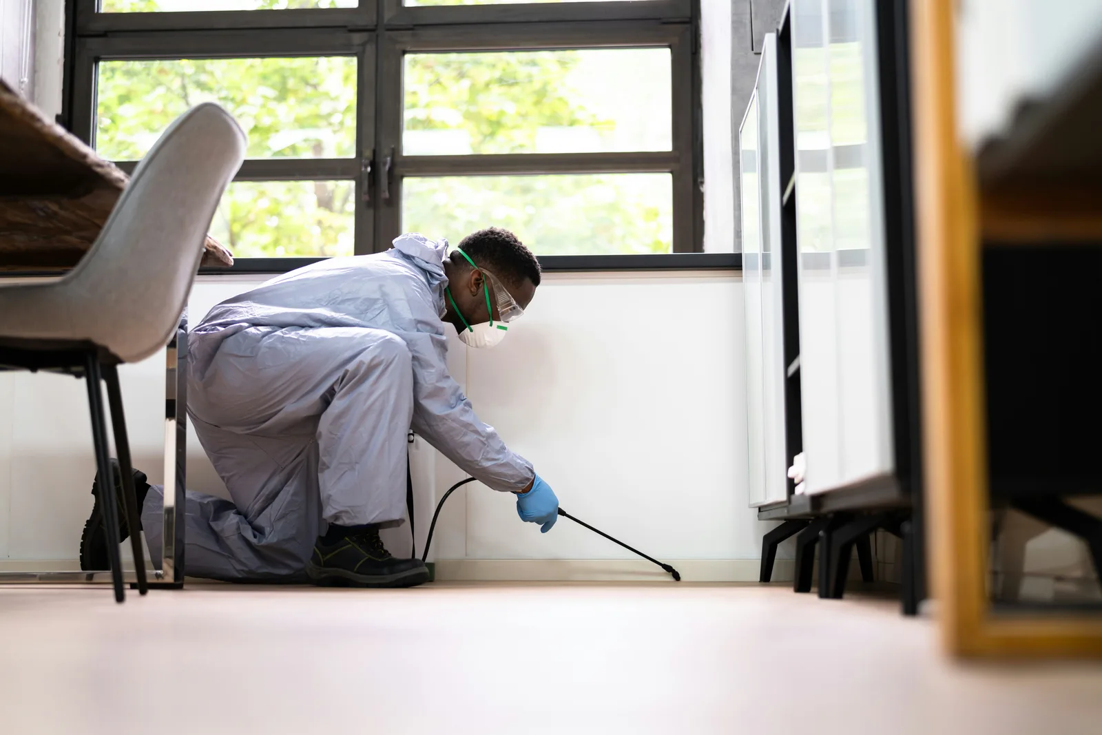 Pest control technician spraying along a baseboard